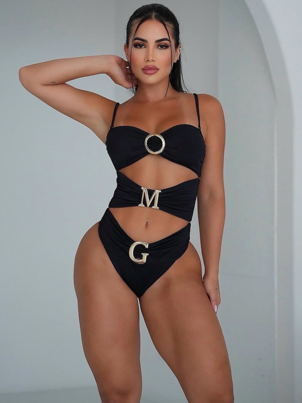 Black Cutout One-Piece Swimsuit with Gold O M G Hardware